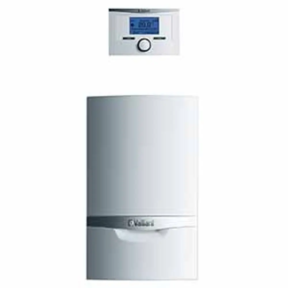 Weiße Vaillant Heizung mit digitalem Thermostat. Der Heizkessel ist kompakt, mit einem Display zur Temperaturregelung oben angebracht.